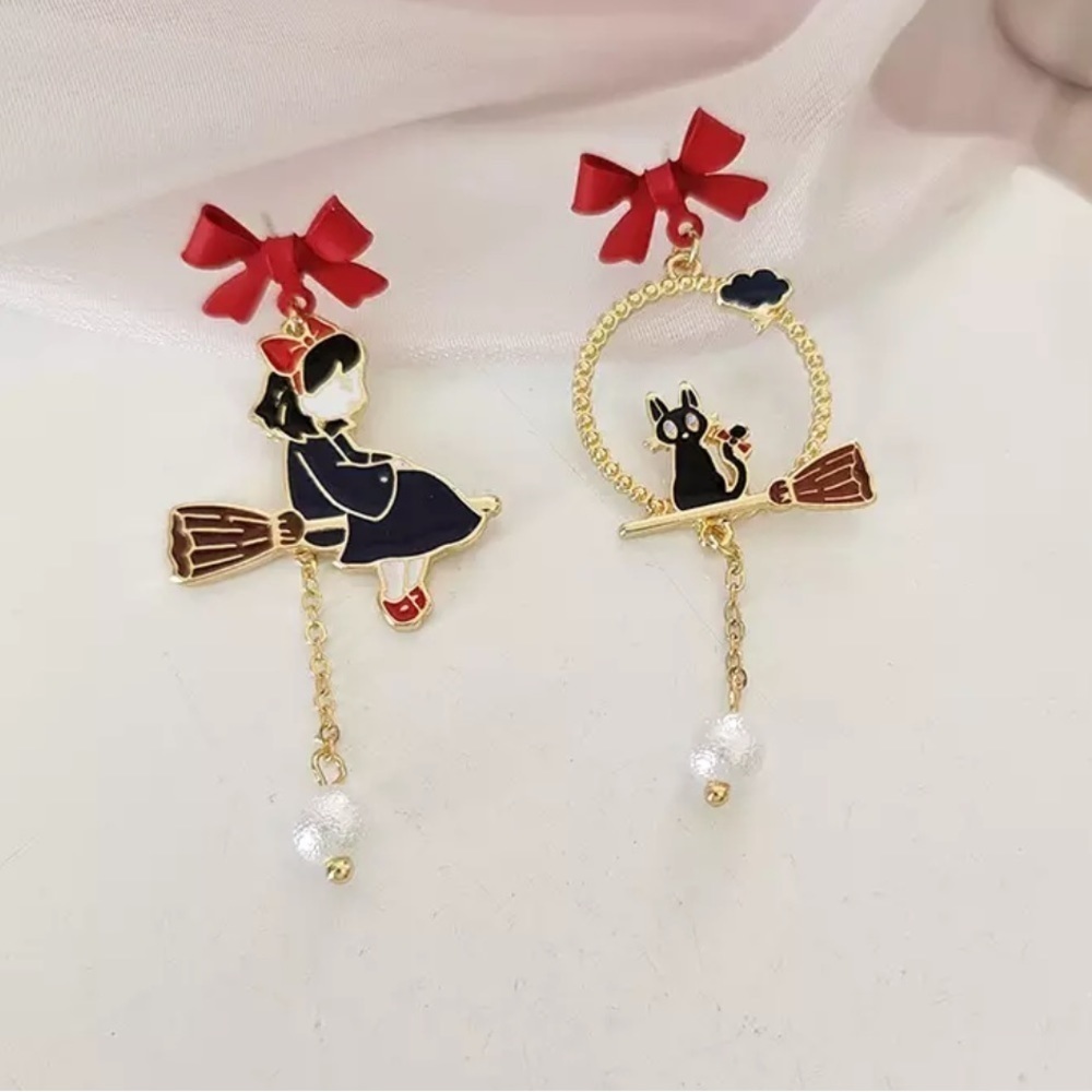 Witch and Cat Broom Stick Earrings